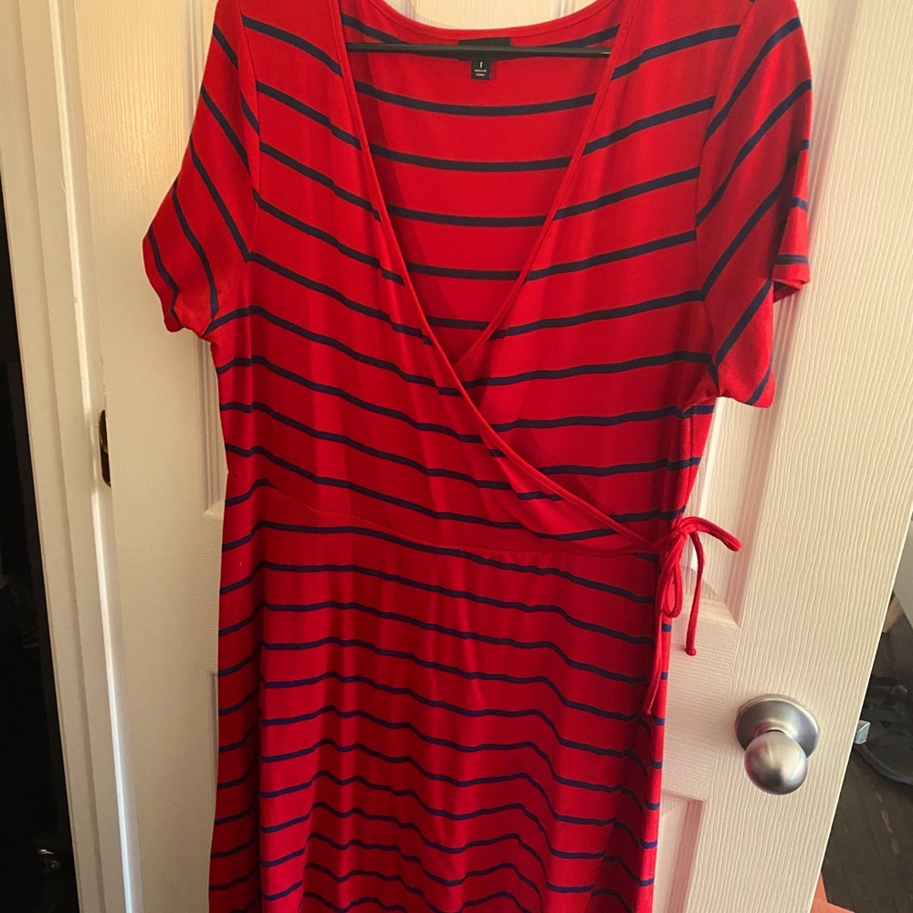 Red and navy striped midi Torrid faux wrap dress